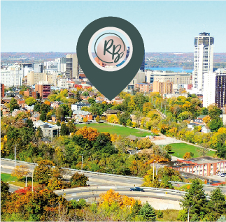 Image of downtown Hamilton with a pin of where Rita B Designs Studio is located